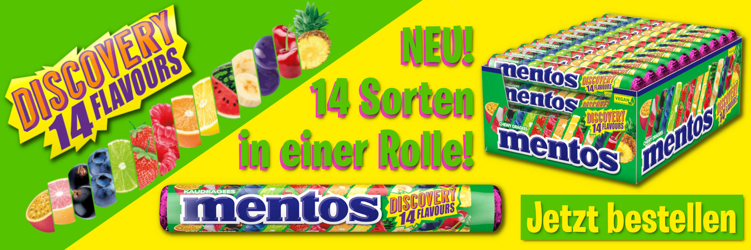 <p>Entdecke den Freshmaker ganz neu! Jetzt Mentos Discovery in 14 leckeren Geschmacksrichtungen wie Ananas, Banane, Erdbeere, Heidelbeere, Himbeere, Kirsche, Limette, Litschi, Maracuja, Orange, schwarze Johannisbeere, Traube, Wassermelone und Zitrone günstig online bestellen.</p>