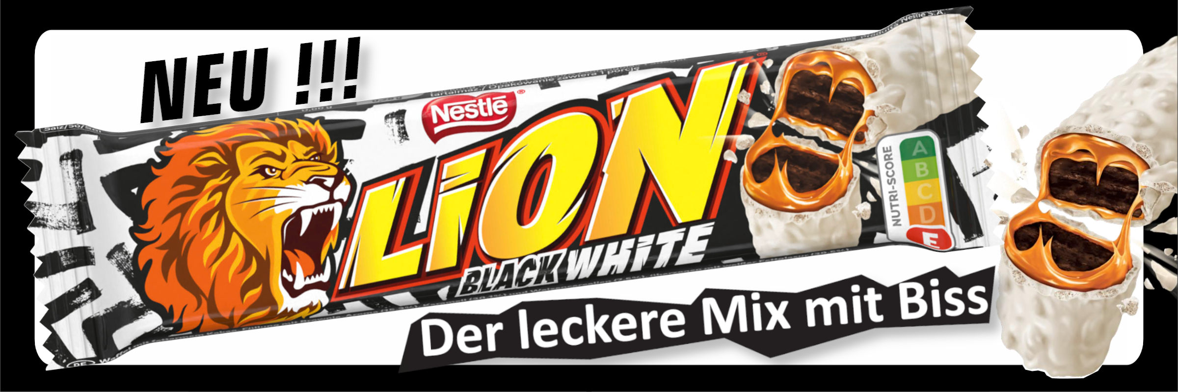 <p>Es ist ein neuer Löwe im Gehege. Er ist weiß mit einem schwarzen Kern. Lion Black & White besteht im Inneren aus einer dunklen Creme mit Brownie-Aroma zwischen knusprigen Kakaowaffeln und einer weißen Hülle mit Crispies. Zwischen Innen und Außen befindet sich noch eine Schicht aus cremigem Karamell.</p>