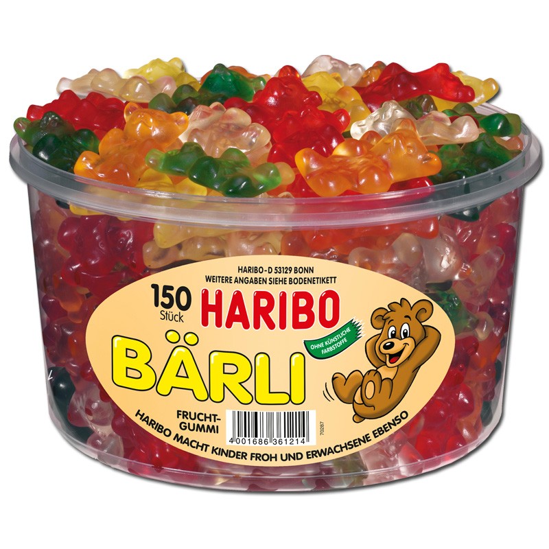 Haribo Bärli, Fruchtgummi, 150 Stück Fruchtgummi Dosen Haribo Stückartikel